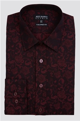  Stvdio Burgundy Long Sleeve Floral Jacquard Shirt