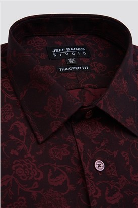  Stvdio Burgundy Long Sleeve Floral Jacquard Shirt