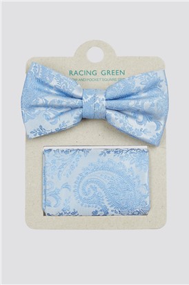  Blue Paisley Bow Tie & Handkerchief Set