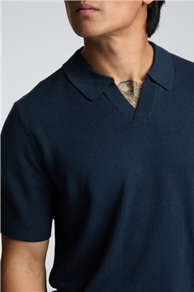  Navy Open Neck Knitted Polo