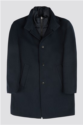  Slim Fit Navy Funnel Neck Overcoat With Padded Insert