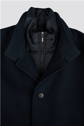  Slim Fit Navy Funnel Neck Overcoat With Padded Insert