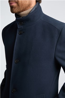  Slim Fit Navy Funnel Neck Overcoat With Padded Insert