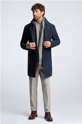  Slim Fit Navy Funnel Neck Overcoat With Padded Insert