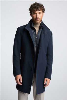  Slim Fit Navy Funnel Neck Overcoat With Padded Insert