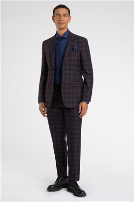  Regular Fit Navy Burgundy Check Wool Suit