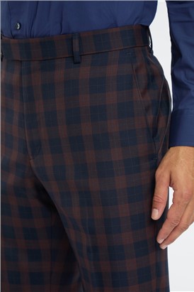  Regular Fit Navy Burgundy Check Wool Trousers