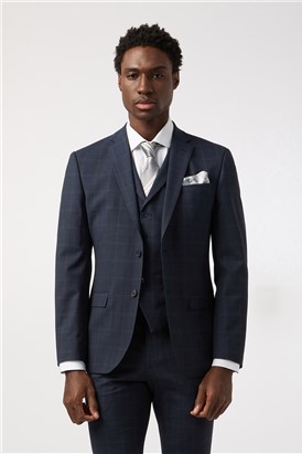  Tailored Fit Performance Dark Navy Stone Check Suit