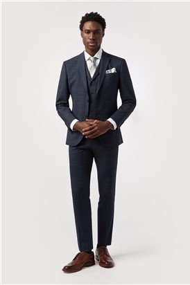  Tailored Fit Performance Dark Navy Stone Check Suit