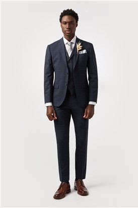  Tailored Fit Performance Dark Navy Stone Check Suit