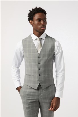  Tailored Fit Cool Grey Windowpane Check Waistcoat