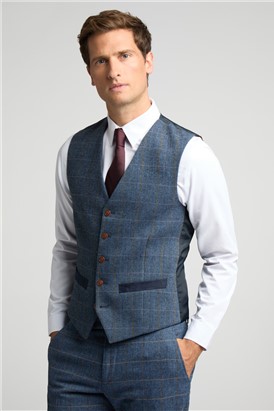  Slim Fit Denim and Tan Check Tweed Suit