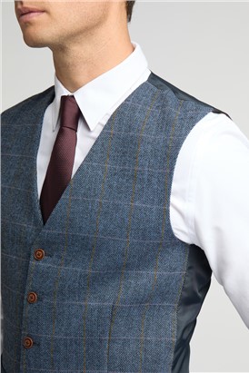  Slim Fit Lenox Denim and Tan Check Tweed Waistcoat