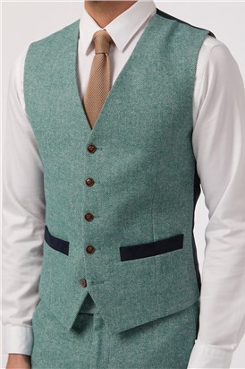  Slim Fit Green Herringbone Tweed Waistcoat