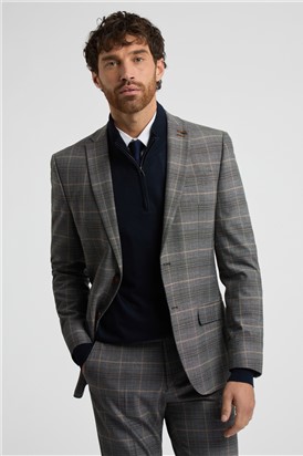  Slim Fit Grey With Tan Checked Suit