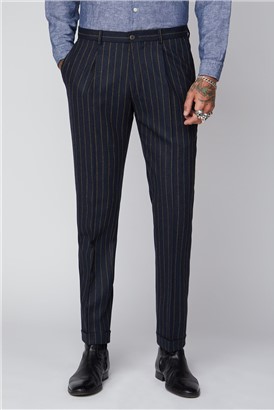 Gibson London Navy Chalk Stripe Pleated Trouser