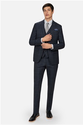  Slim Fit Navy with Tan Check Suit Jacket