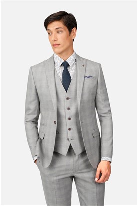  Slim Fit Light Grey Blue Check Suit Jacket