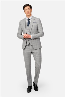  Slim Fit Light Grey Blue Check Suit Jacket