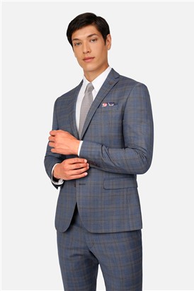  Skinny Fit Light Blue & Tan Check Suit Jacket