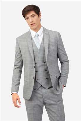  Slim Fit Light Grey Tonal Checked Suit Jacket