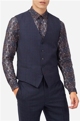  Slim Fit Navy Berry Checked Waistcoat