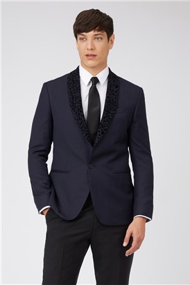  Slim Fit Navy Crepe Flock Jacket