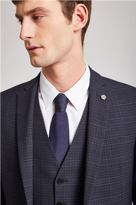  Slim Fit Navy High Twist Check Waistcoat