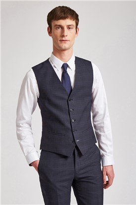  Slim Fit Navy High Twist Check Waistcoat