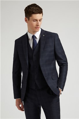  Navy Textured Rust Check Slim Fit Jacket