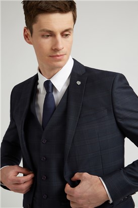  Navy Textured Rust Check Slim Fit Suit