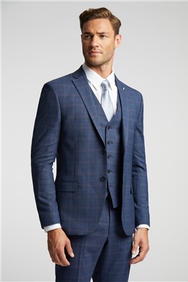  Slim Fit Blue and Mauve Check Waistcoat