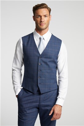  Slim Fit Blue and Mauve Check Waistcoat