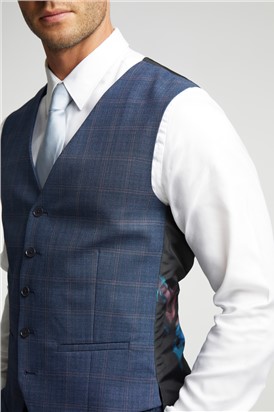  Slim Fit Blue and Mauve Check Waistcoat