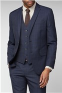  Navy Blue & Caramel Checked Slim Fit Suit Jacket