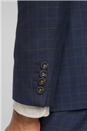  Navy Blue & Caramel Checked Slim Fit Suit Jacket