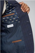  Navy Blue & Caramel Checked Slim Fit Suit Jacket