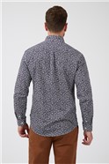  Long Sleeve Leston Navy Mono Floral Print Shirt