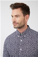  Long Sleeve Leston Navy Mono Floral Print Shirt