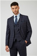  Tailored Fit Navy Caramel Check Wool Blend Suit