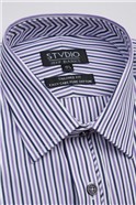 Studio Tailored Fit Forward Point Collar Double Cuff Navy & Purple Stripe Shirt