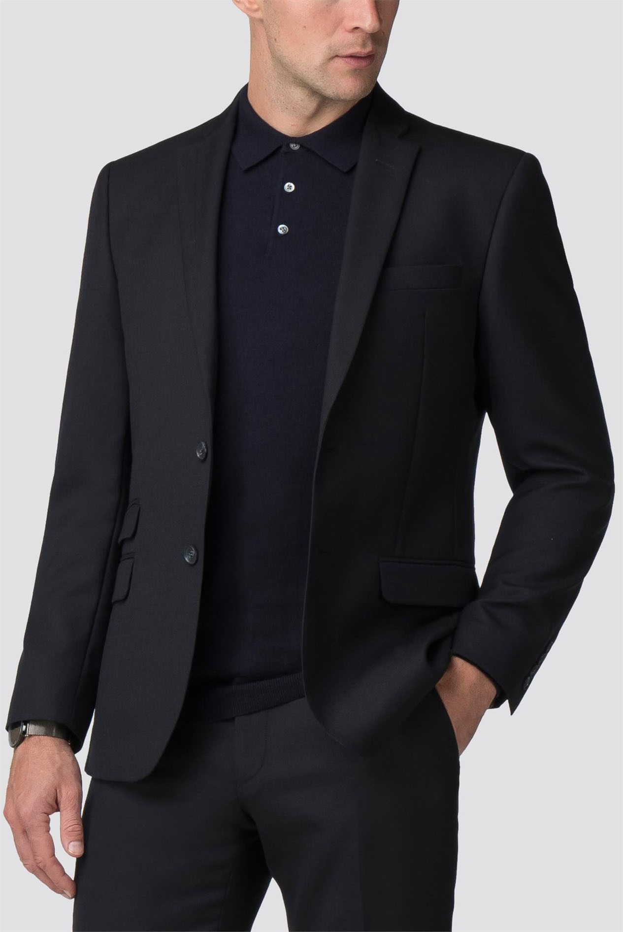 Navy Hopsack Wool Blend Tailored Fit Suit Jacket