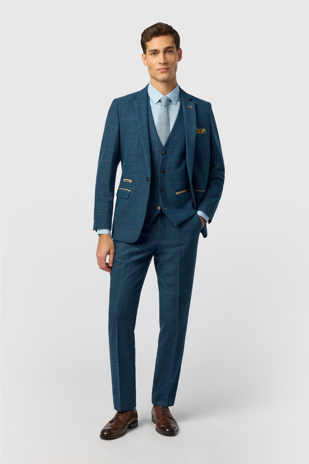 Marc Darcy Slim Fit Dion Blue Tweed Herringbone Check Jacket