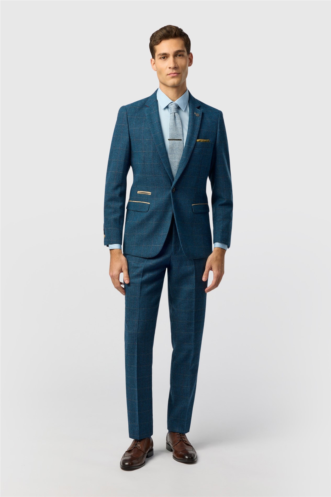 Marc Darcy Slim Fit Dion Blue Tweed Herringbone Check Jacket