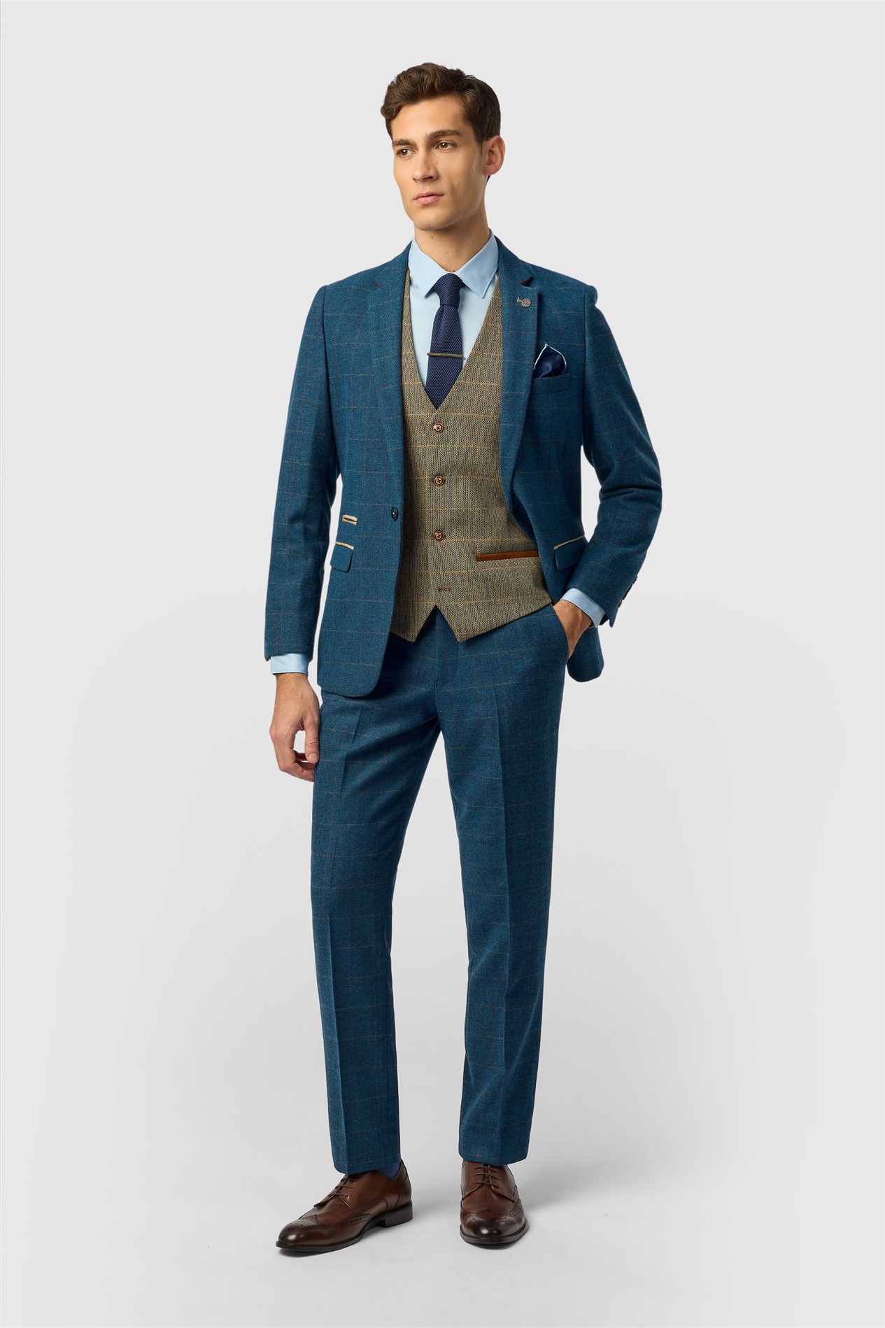Marc Darcy Slim Fit Dion Blue Tweed Herringbone Check Jacket