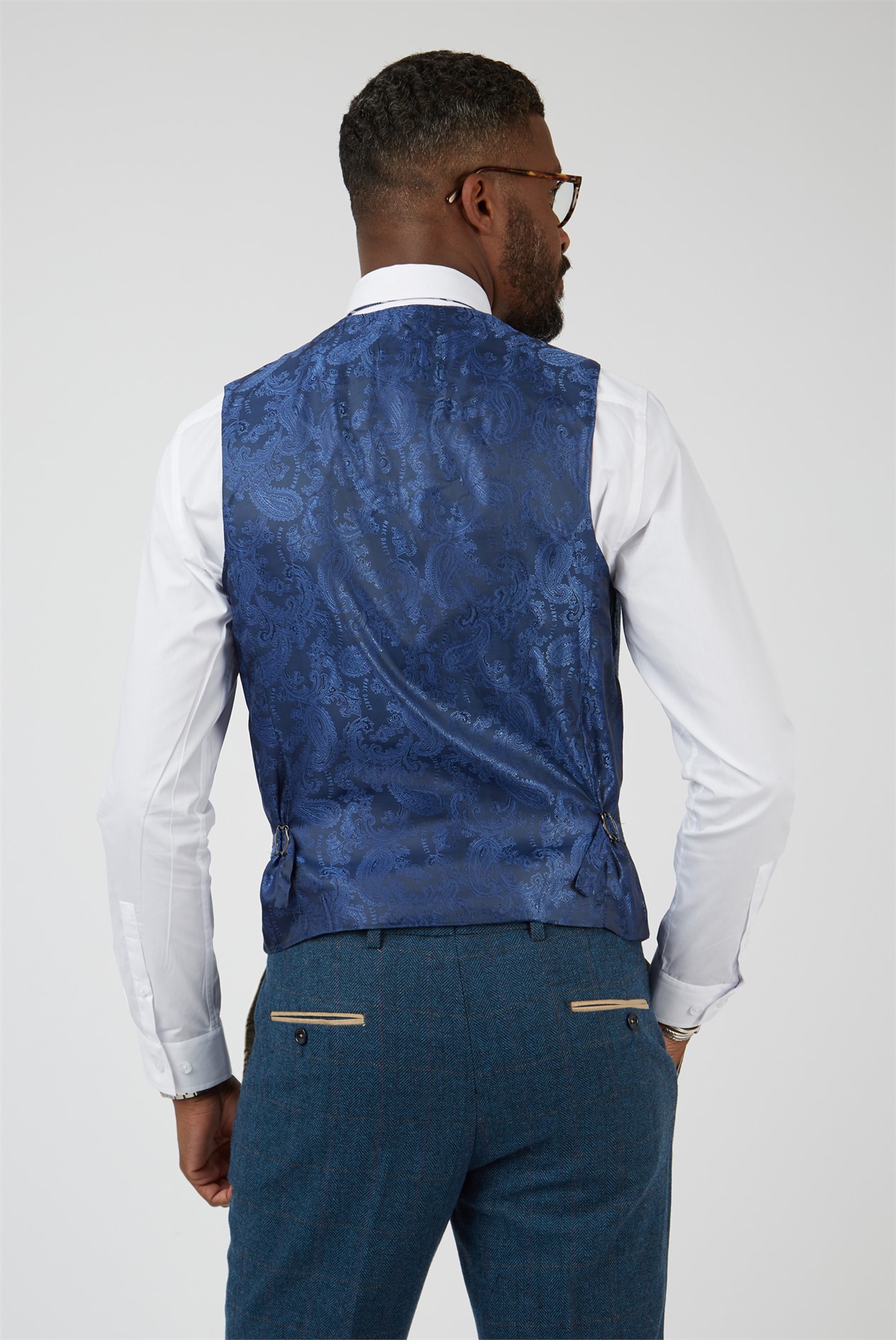 Marc Darcy Slim Fit Dion Blue Tweed Herringbone Check Waistcoat