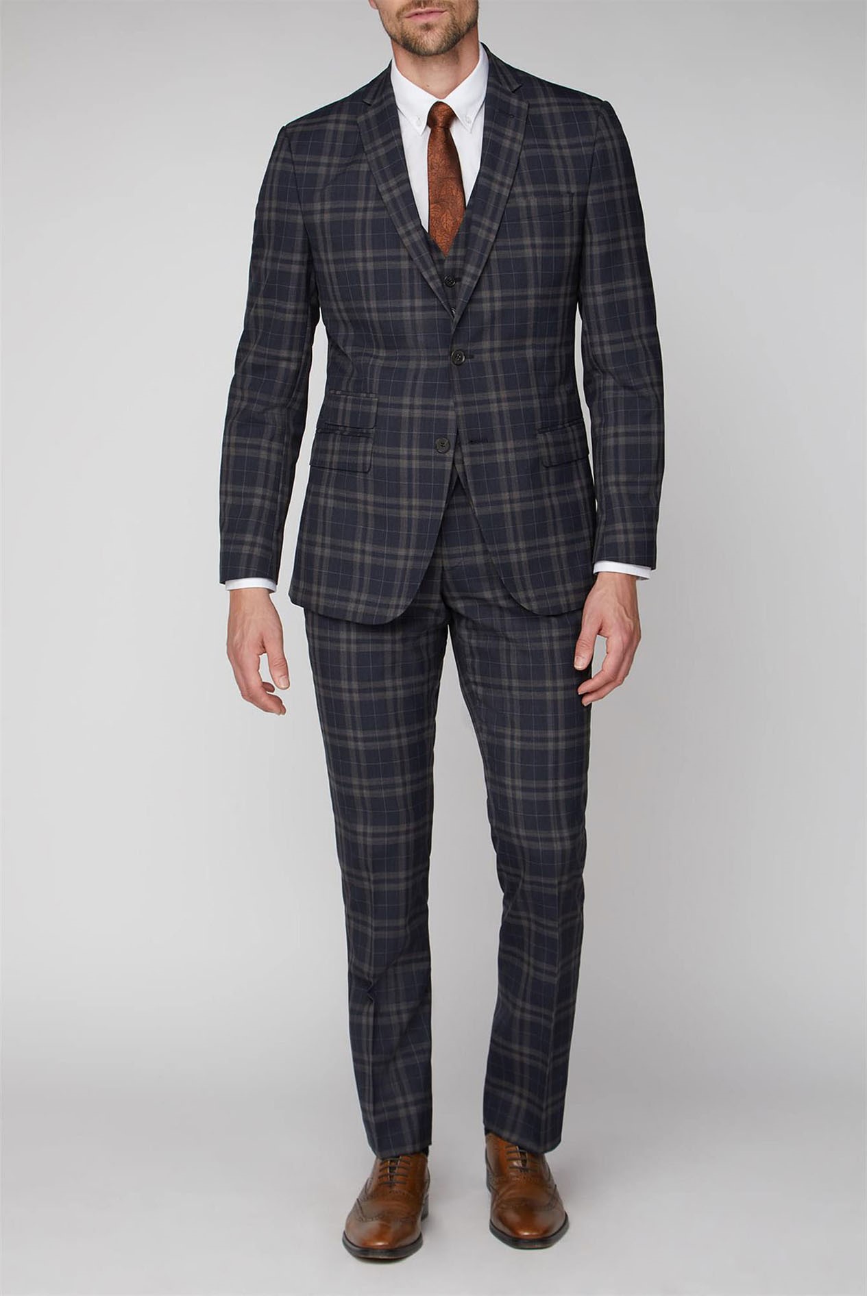 Racing Green Navy & Brown Checked 3 Piece Suit Suit Direct