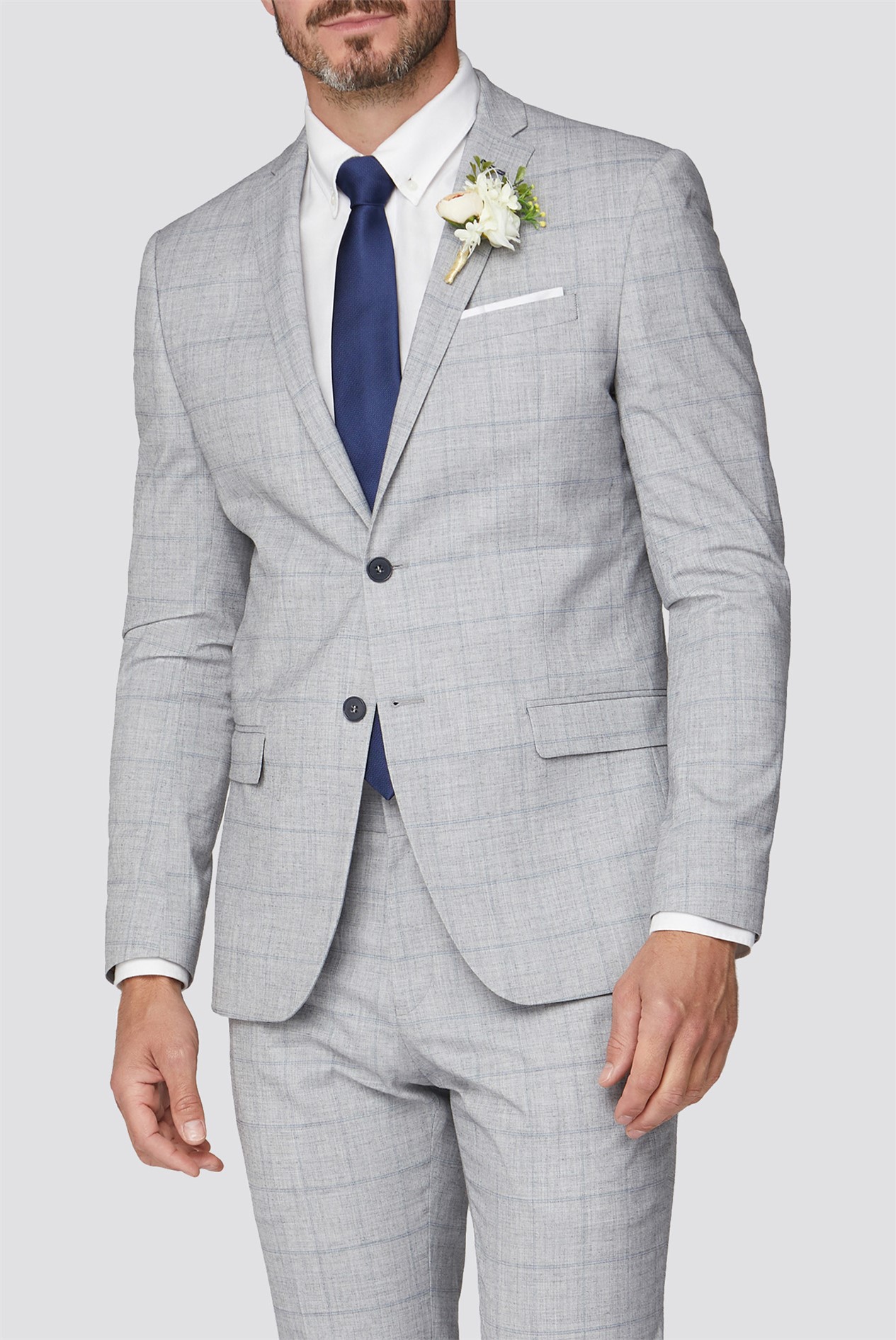 Grey Windowpane Check Slim Fit Suit Jacket