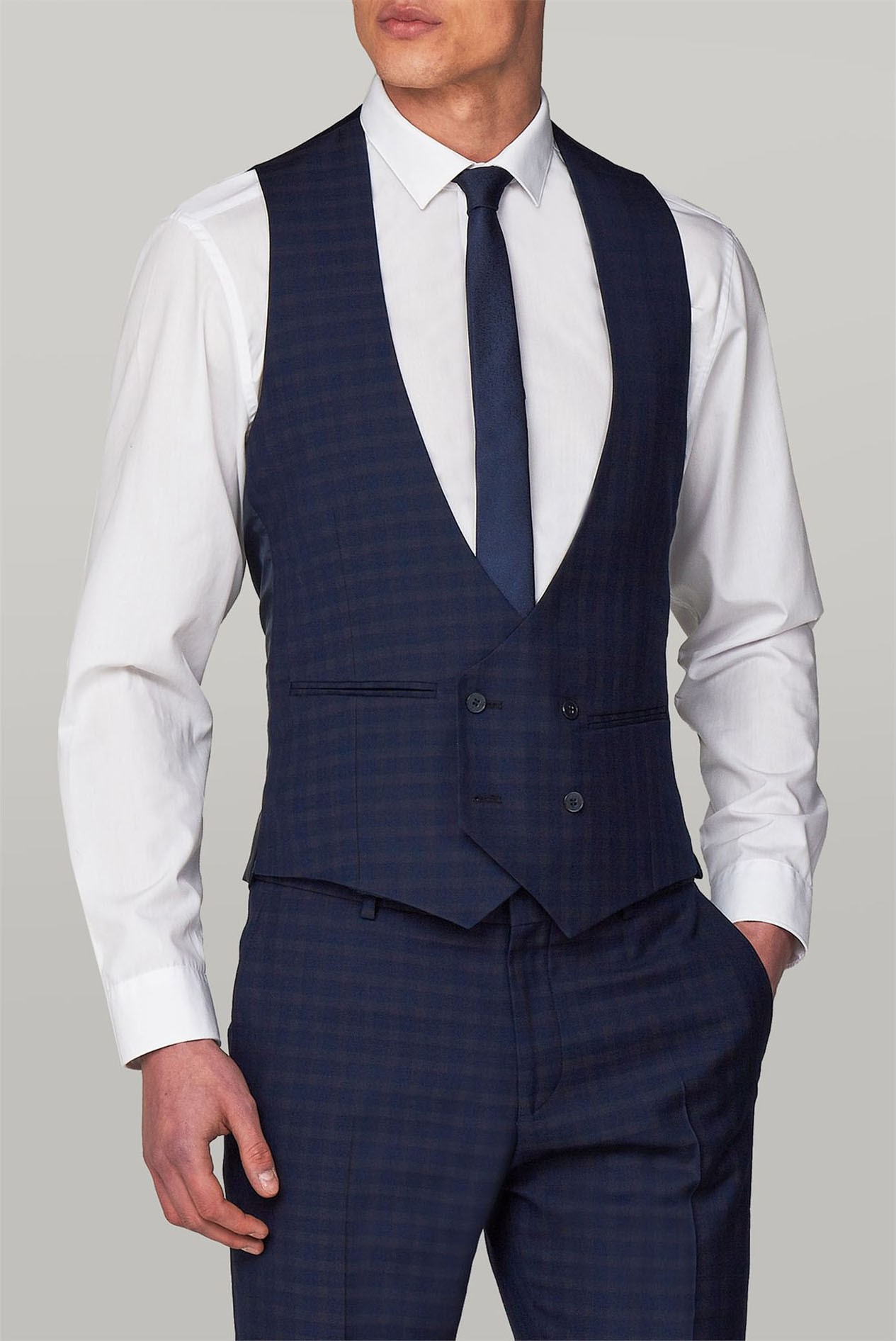 Limehaus | Navy Checked Double Breasted Waistcoat | Suit Direct