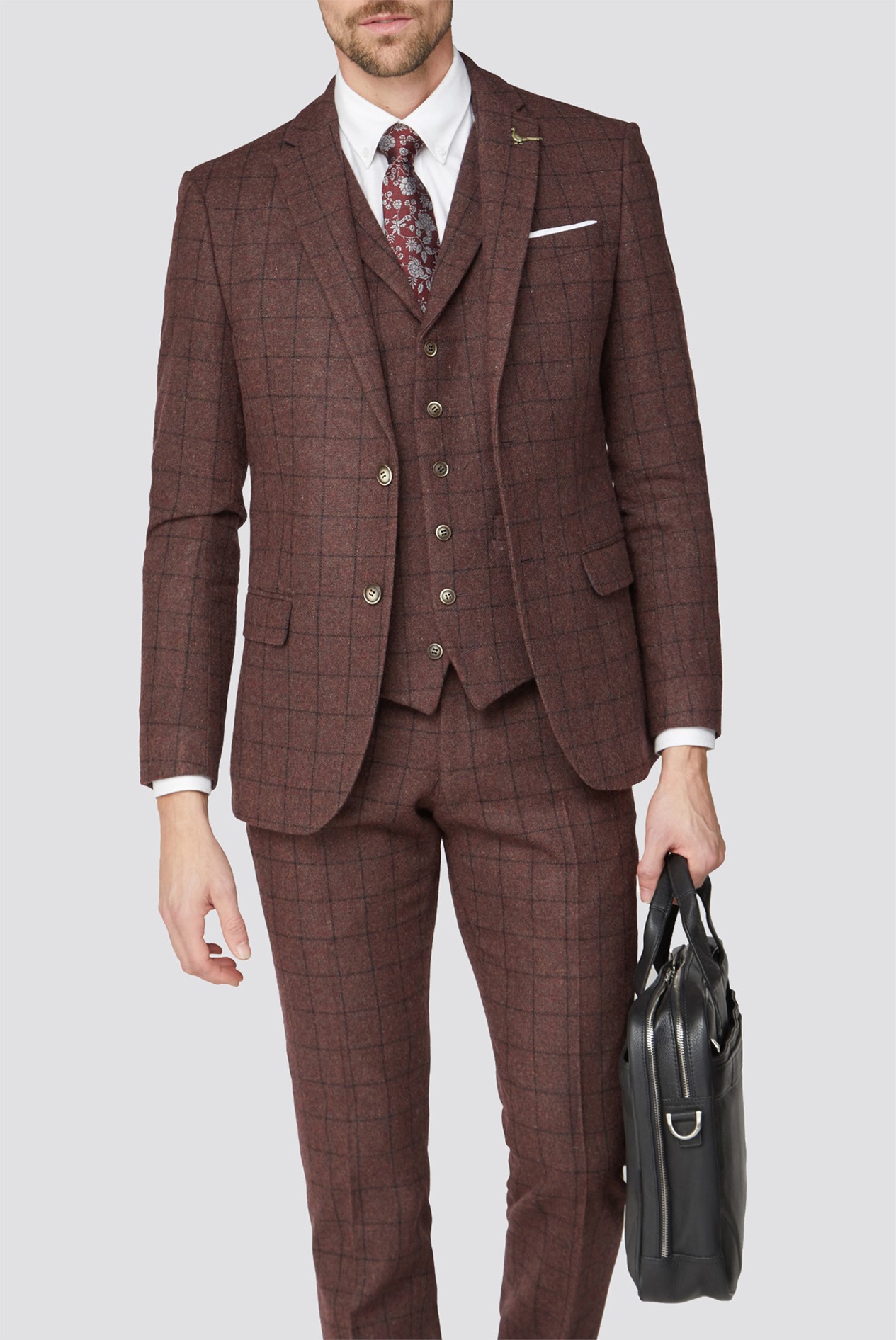 Racing Green Burgundy Check Tweed Slim Fit Suit Jacket